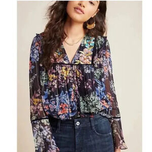 Anthropologie | Vineet Bahl Blue Floral and Metallic Blouse Size Small
